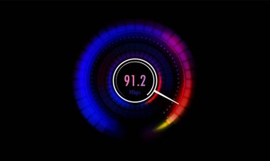 Futuristic Internet speed meter dial. Web connection, network or information download speed vector indicator. Internet bandwidth, WI-FI signal strength test app display web speed vector design