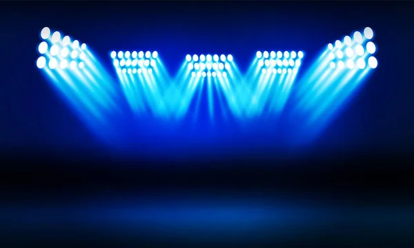 抽象的なショーは バナースタジアムのベクトルデザインと黒の背景にパノラマ2つの光が空のスペースを照らす青いビームと光のコンサートステージを導いた — ストックベクタ
