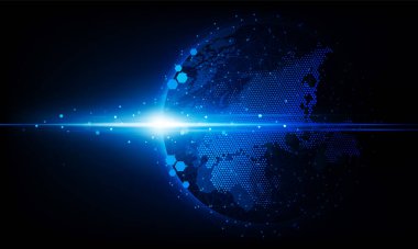 Soyut Aydınlatma teknolojisi arka planı Hitech iletişim konsepti yeniliği güneş doğumu ve teknoloji ağıyla Dünya 'ya gönderildi. vektör illüstrasyonu