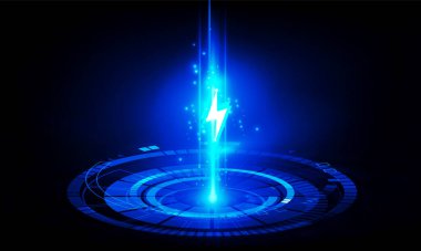 Soyut teknoloji Hitech iletişim konsepti dijital, çokgen şarjlı piller, cıvata aydınlatma, güç koruması, vektör tasarımı.