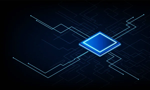 青の背景にライト付きの未来的なマイクロチッププロセッサ 量子コンピュータ 概念革新の背景 ベクトル設計 — ストックベクタ