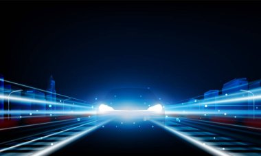 Soyut Hız İşletmeleri, elektrikli araba ve şehir konsepti ile ürün başlatmaya başlayın Hitech iletişim yenilik arka planı, vektör tasarımı