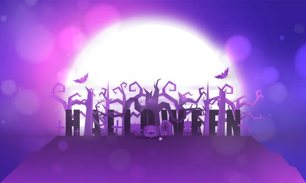 Cartaz Halloween Feliz Abóbora Cemitério Árvore Noite Roxa Escura Lápide —  Vetores de Stock