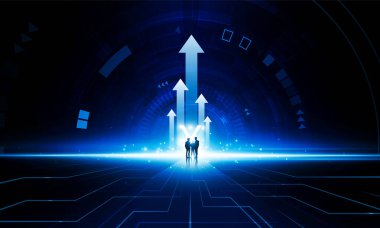 Yuan anahtar kapısının soyut oku ya da açık iş adamı aydınlatma teknolojisi arka planı Hitech iletişim konsepti yenilik arka plan tasarımı.
