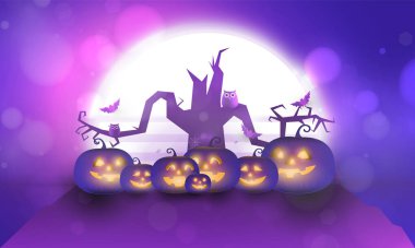 Mezarlıktaki balkabağı, koyu mor ağaç gecesi ve mezar taşı iskelet kafatası Cadılar Bayramı 'nda Bokeh kart tasarımı için mutlu Cadılar Bayramı posteri.