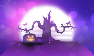 Mezarlıktaki balkabağı, koyu mor ağaç gecesi ve mezar taşı iskelet kafatası Cadılar Bayramı 'nda Bokeh kart tasarımı için mutlu Cadılar Bayramı posteri.