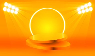 Parlak stadyum neon ışıkları turuncu soyut oda. Vitrin için parlayan neon ışıklı daire şeklinde lamba. vektör tasarımı.