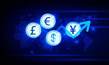 Finansal tablo, ok grafiği ve dünya haritası ile birlikte mavi renk arkaplan kavramı yenilik arka planı, vektör tasarımı