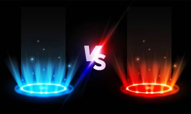 Şeffaf arka plan, vektör sporu ya da savaş dövüşçüleri üzerinde parlayan VS podyumlarına karşı. Işık efekti podyumu. Disko kulübü dans pisti. Işın sahnesi. Sihirli fantezi kapısı. Gelecekçi sıcak ve soğuk ışınlanma.