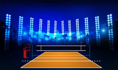 Voleybol court arena alan parlak Stadyum ışıkları tasarımı ile. Vektör aydınlatma