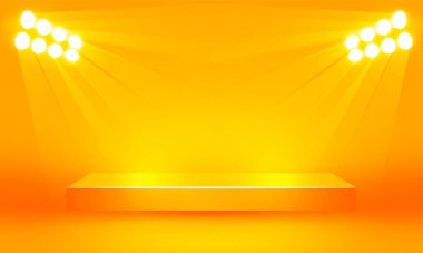 Parlak stadyum neon ışıkları turuncu soyut oda ve kare parlayan neon lamba gösterisi için sahneyi aydınlatıyor. vektör tasarımı.