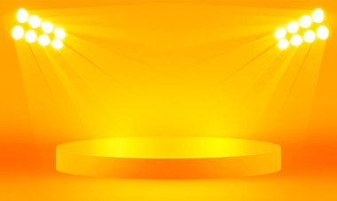 Parlak neon ışıklar turuncu soyut oda daire ve kare parlayan neon lamba ile vitrin için sahne. vektör tasarımı.