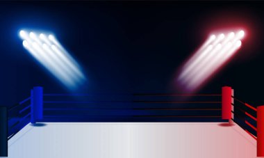 Boks ringi arenası ve projektörler vektör tasarımı Parlak stadyum ışıkları kırmızı mavi. Vektör aydınlatması