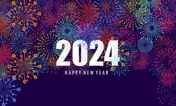 花火の背景のベクターの設計の碑文の幸せな新年2024の挨拶カード — ストックベクタ