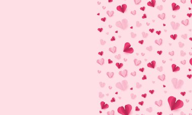 Pembe arka planda uçan kalp şeklinde kağıt elementler, Sevgililer Günü kartı kalpleri, doğum günü tebrik kartı vektör tasarımı.