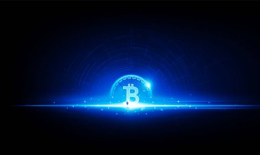 Soyut işadamı kapısı Bitcoin teknolojisinin ışığı arka plan Hitech iletişimi yenilik arka plan vektör tasarımı.