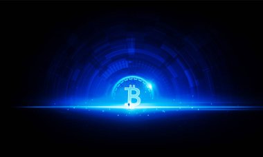 Soyut işadamı kapısı Bitcoin teknolojisinin ışığı arka plan Hitech iletişimi yenilik arka plan vektör tasarımı.