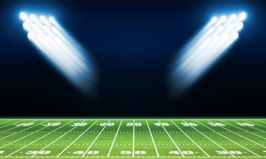 Futbol sahası ve spot ışıkları parlayan stadyum maviyi aydınlatıyor. Vektör