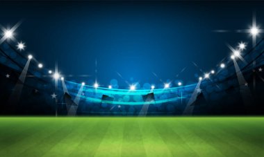 Amerikan futbolu arena alan parlak Stadyum ışıkları tasarımı ile. Vektör aydınlatma