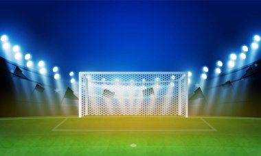 Futbol arena alan parlak Stadyum ışıkları vektör tasarım ve bilgi çetele ile. Vektör aydınlatma