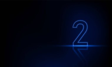 Soyut spor ışığı teknolojisi ve koyu mavi neon ışıkta parlayan iki numarayla Hitech iletişim konsepti yenilik arka planı, vektör tasarımı
