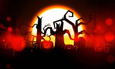 Mezarlıktaki balkabağının mutlu Cadılar Bayramı posteri, Ağacın üzerindeki ay koyu mor gece ve mezar taşı iskeleti iskeleti Cadılar Bayramı 'nda Bokeh kart tasarımı.