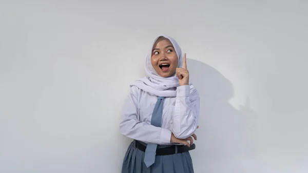 Indonéz Középiskolás Diákok Szürke Fehér Egyenruhában Magabiztosnak Tűnnek Zseniális Ötleteket — Stock Fotó