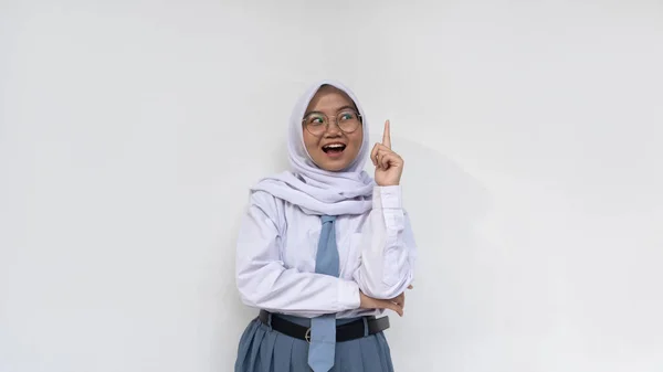 Estudantes Ensino Médio Sexo Feminino Indonésio Uniformes Cinza Branco Parece — Fotografia de Stock