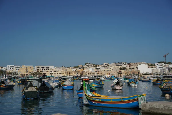 Malta Színes Festett Halászhajó Marsaxlokk Kikötő — Stock Fotó