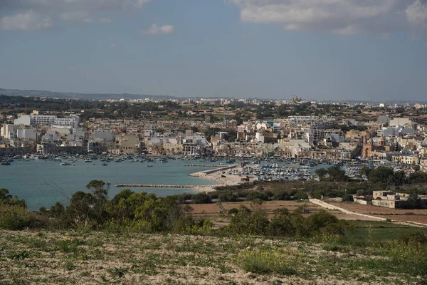 Marsaxlokk Köyü Malta Hava Manzaralı Panorama Limanı — Stok fotoğraf
