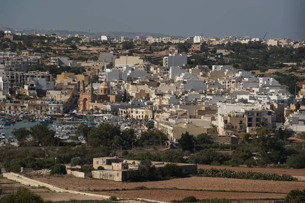 Marsaxlokk Wieś Malta Widok Lotu Ptaka Port Panorama — Zdjęcie stockowe