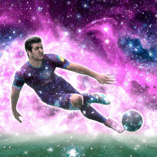 Jogador Futebol Uma Galáxia Urdidura Jogando Campo Mundo Qatar Ilustração — Fotografia de Stock