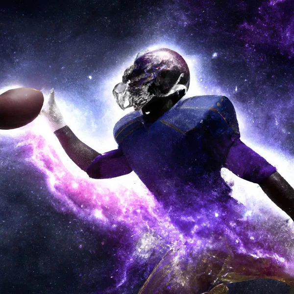 美国足球运动员拿着球在扭曲的星系中展示艺术作品 — 图库照片