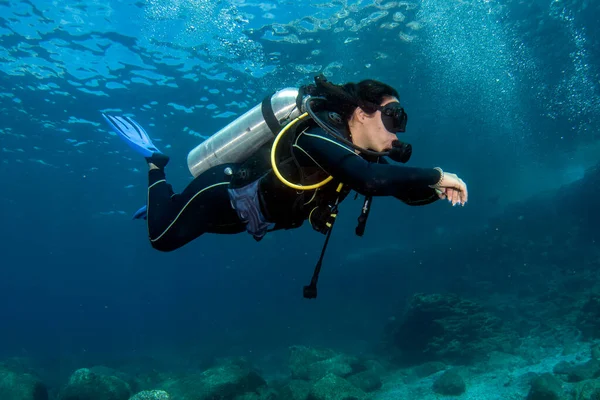 Красивая Латиноамериканская Девушка Ныряющая Море Кортес Мексико — стоковое фото