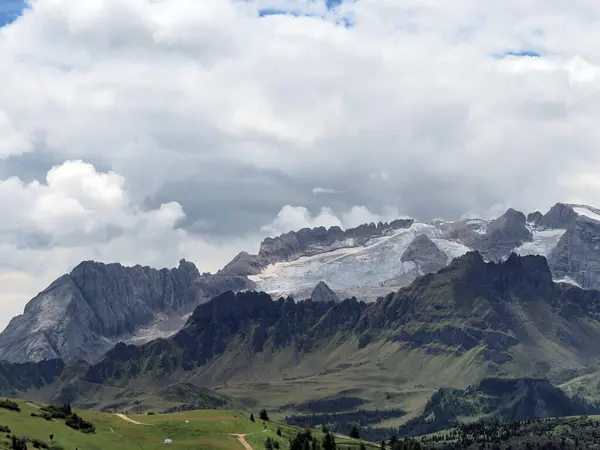Dolomites Marmolada Θέα Παγετώνα Από Corvara Πανόραμα — Φωτογραφία Αρχείου