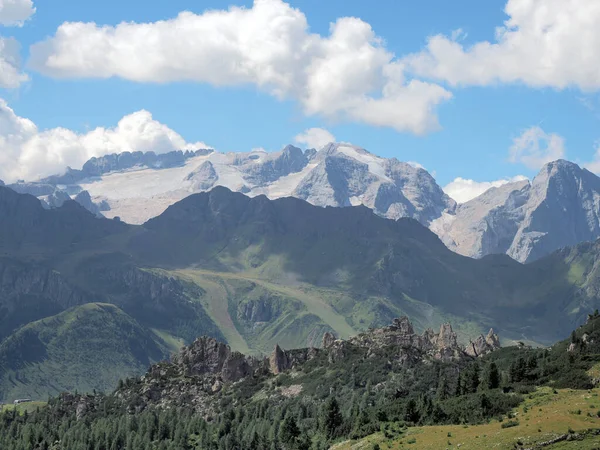 Dolomiter Marmolada Glaciär Från Corvara Panorama — Stockfoto