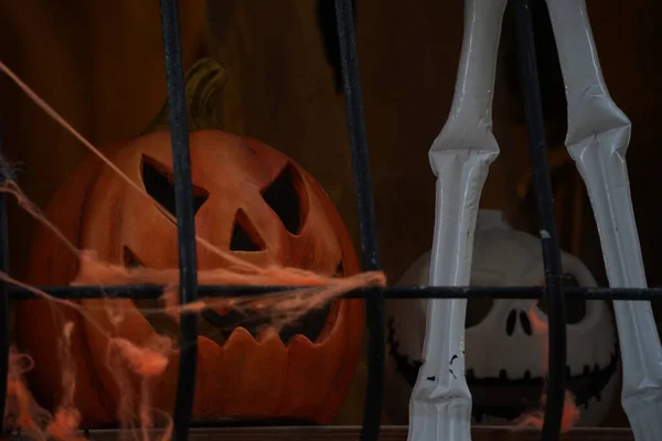 Halloween Pumpa Mörkret Ögon Och Mun Glöd Detalj — Stockfoto