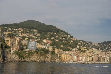 İtalya 'da renkli evleri ve küçük limanı olan Camogli tipik köyü, feribottan güneşli bir günde Liguria.