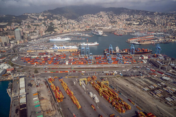 GENOA, ITALY - OCTOBER 24 2022 - The harbor while landing at the airport Cristoforo Colombo