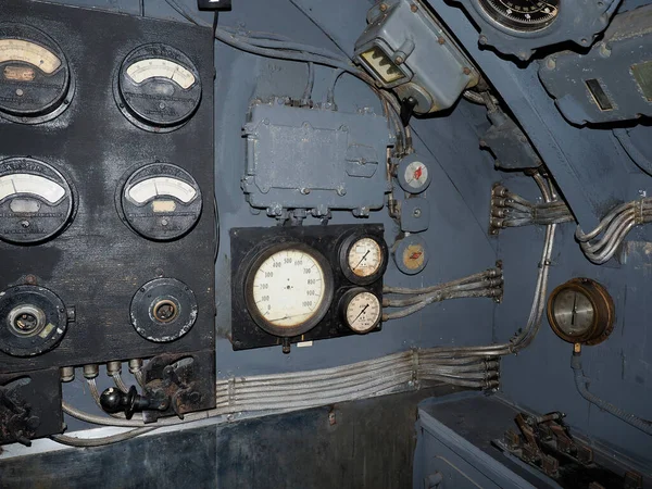 Dentro Detalhes Sala Controle Submarino Guerra Mundial — Fotografia de Stock
