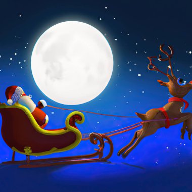 Noel Baba kızağında kırmızı burunlu Ren geyiği Ay 'ın arka planında uçuyor, 3D karikatür üreten yapay zeka çizimi