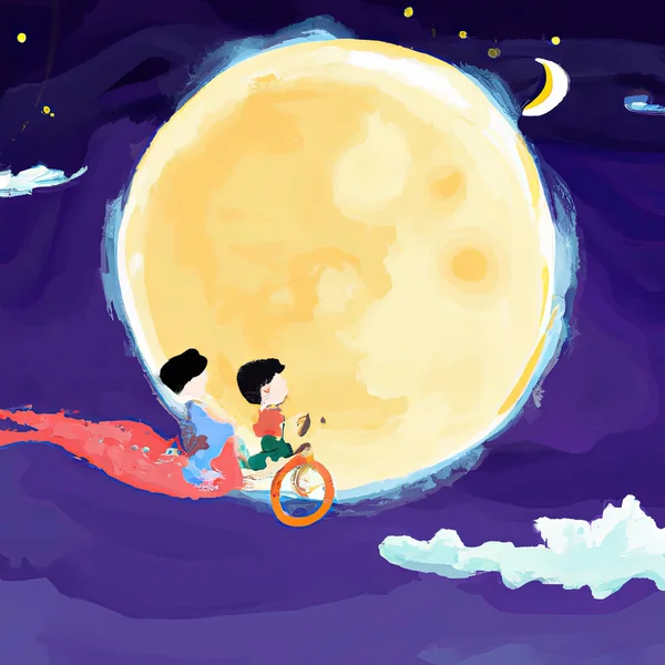Ett Barn Som Faller Från Bycicle Månen Nebulosa Himmel Tecknad — Stockfoto
