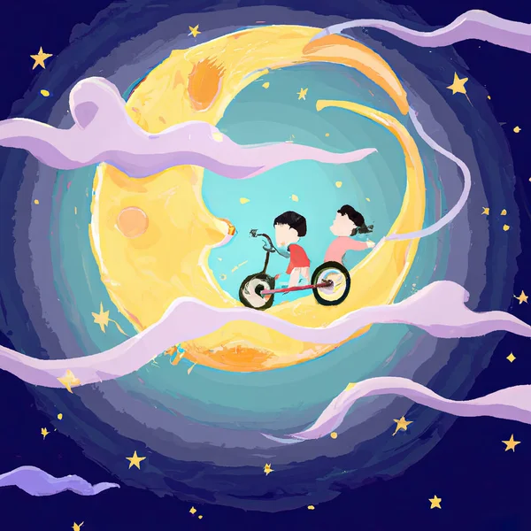 Niños Que Caen Bicicleta Luna Cielo Nebulosa Ilustración Generativa Dibujos — Foto de Stock