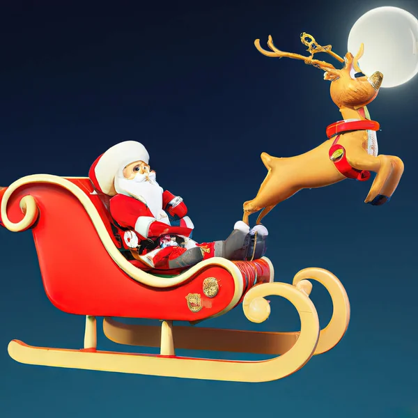 Santa Claus Sled Rudolph Red Nosed Reindeer Flying Moon Background — Stock Photo, Image