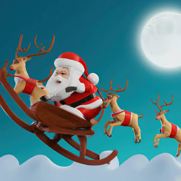 Санта Клаус Катається Санчатах Рудольфом Червоним Носовим Оленям Літає Фоні — стокове фото