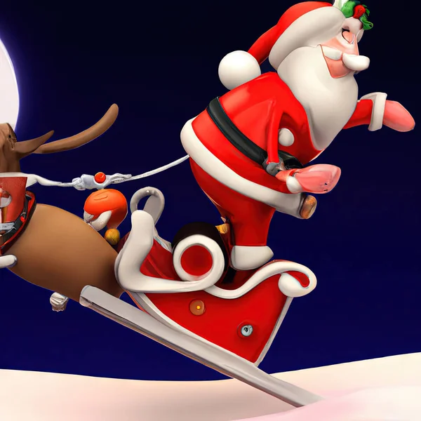 Babbo Natale Slitta Con Rudolfo Rosso Naso Renna Volare Sullo — Foto Stock