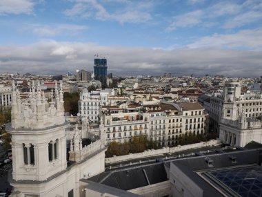 Madrid City Hall, ayuntamiento Communications Palace architecture landmark, view from above during a sunny day in Spain.