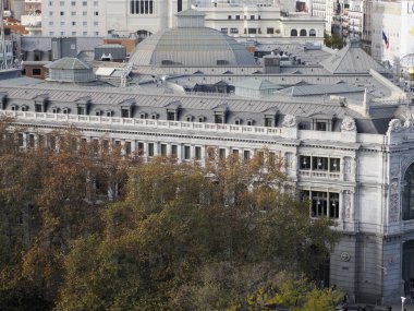 Madrid City Hall, ayuntamiento Communications Palace architecture landmark, view from above during a sunny day in Spain.