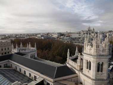 Madrid City Hall, ayuntamiento Communications Palace architecture landmark, view from above during a sunny day in Spain.