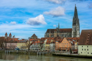 view from danube Buildings in the Old Town of Regensburg - Bavaria. UNESCO world heritage site in Germany